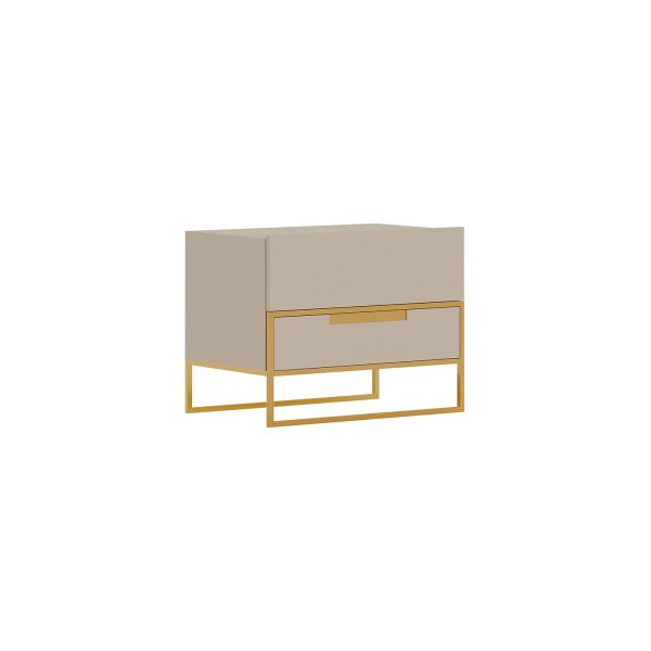 Mesa de cabeceira de duas gavetas, lacado alto brilho com pormenores em aço pintado cor latão