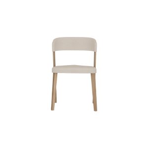 Cadeira com encosto e assento forrados a tecido e pés em madeira. Um design simples e minimalista que atribui leveza ao seu espaço.