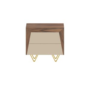 Mesa de cabeceira de duas gavetas em nogueira meio brilho e lacado alto brilho e pé em aço pintado à cor latão
