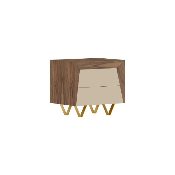 Mesa de cabeceira de duas gavetas em nogueira meio brilho e lacado alto brilho e pé em aço pintado à cor latão
