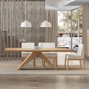 Mesa de jantar retangular em carvalho. Uma peça de design minimalista que dá toque de simplicidade ao ambiente.