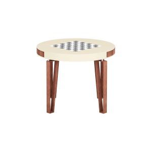 Mesa de jogo com tampo redondo em lacado alto brilho e pés em folha de cobre. Uma peça de design diferenciado pela forma dos seus pés, adaptada para os jogos de xadrez, damas ou cartas.