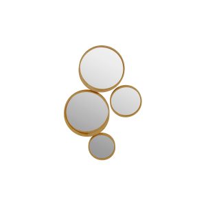 Conjunto de quatro espelhos circulares, com aros em folha dourada. A peça ideal para embelezar o ambiente de sua casa.