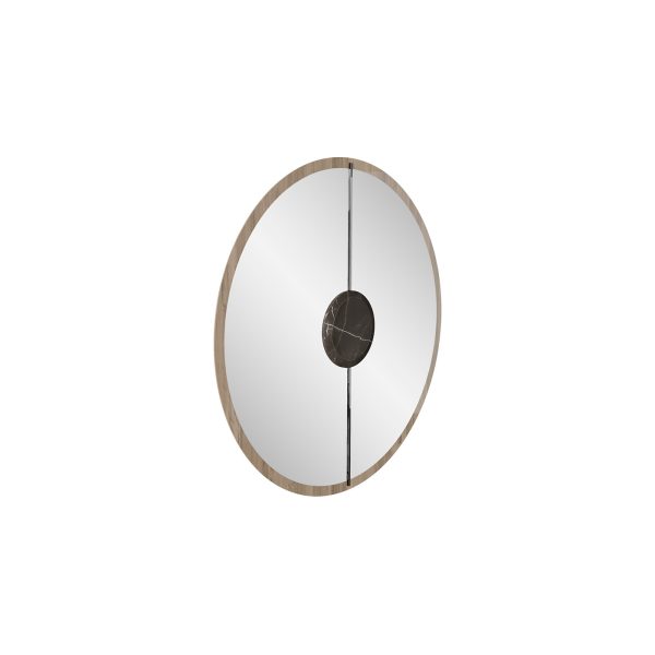 Moldura redonda em madeira com espelho, divisória em aço pintado à cor latão e pormenor central em pedra mármore.