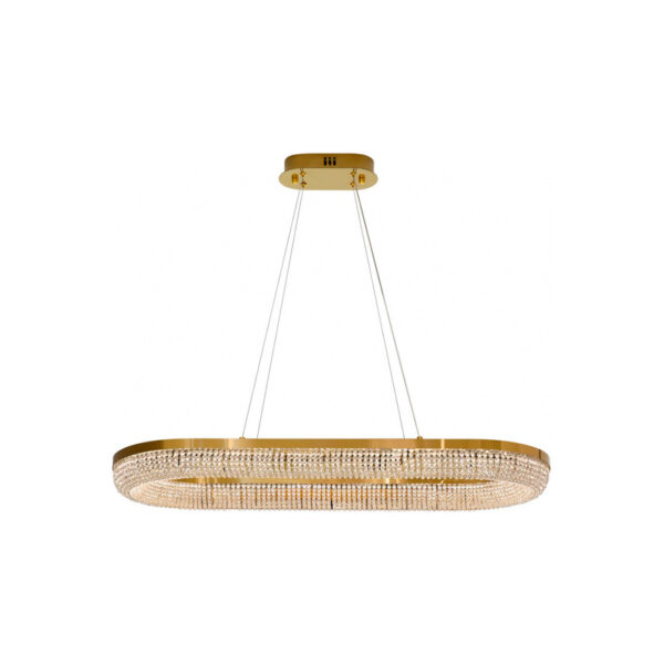 Candeeiro de teto oval em aço cromado ou pintado à cor latão com pequenos cristais que o completam. Um candeeiro elegante e capaz de deixar qualquer convidado boquiaberto.