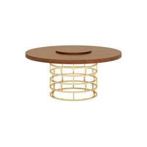 Mesa de jantar redonda com tampo giratório em nogueira e pé central em aço pintado à cor latão. Uma mesa que combina na perfeição com um ambiente sofisticado.