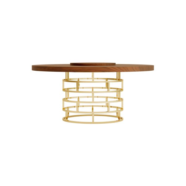 Mesa de jantar redonda com tampo giratório em nogueira e pé central em aço pintado à cor latão. Uma mesa que combina na perfeição com um ambiente sofisticado.