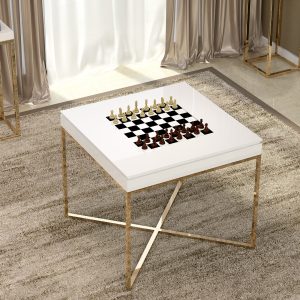 Mesa de jogo com o tampo em lacado alto brilho e pé em aço pintado à cor latão. Uma mesa elegante, adaptada para os jogos de xadrez, damas ou cartas.