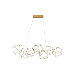 Candeeiro de teto com formas hexagonais em metal pintado à cor latão e módulos LED integrados. Um candeeiro moderno perfeito para sobrepor a sua mesa de jantar.