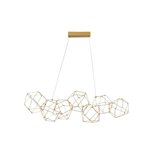 Candeeiro de teto com formas hexagonais em metal pintado à cor latão e módulos LED integrados. Um candeeiro moderno perfeito para sobrepor a sua mesa de jantar.